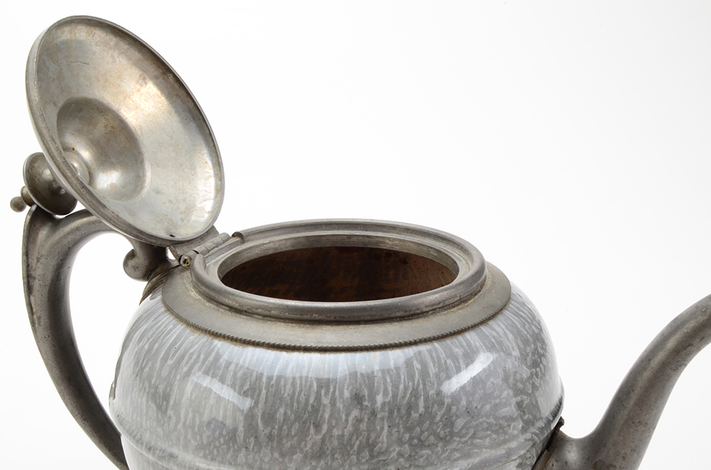 Group of Three Enameled Tin Antique Teapots and Coffee Pot