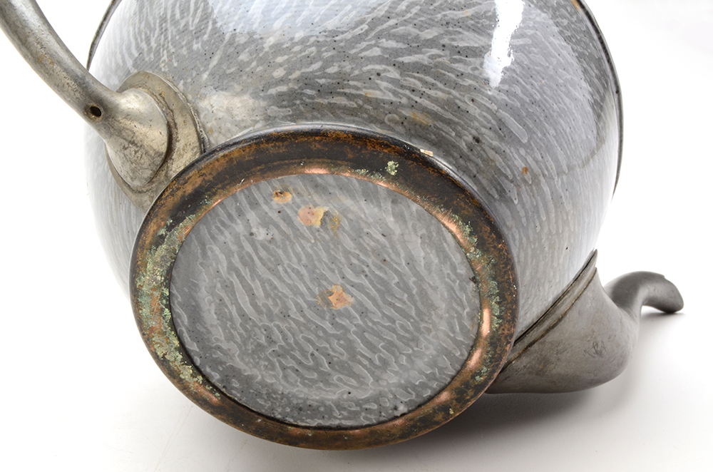 Group of Three Enameled Tin Antique Teapots and Coffee Pot