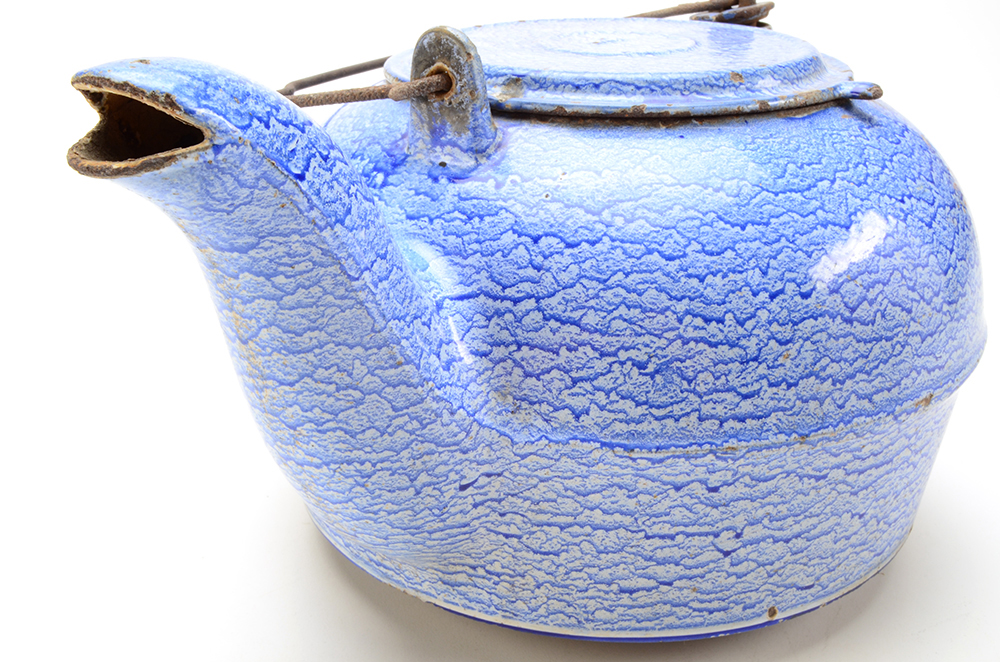 Group of Three Enameled Tin Antique Teapots and Coffee Pot