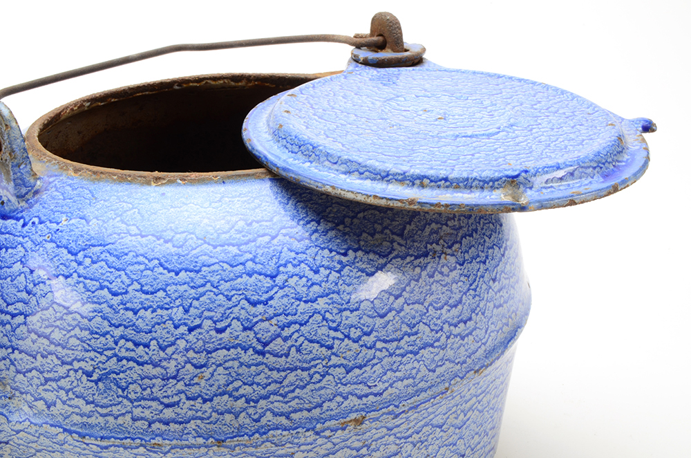 Group of Three Enameled Tin Antique Teapots and Coffee Pot