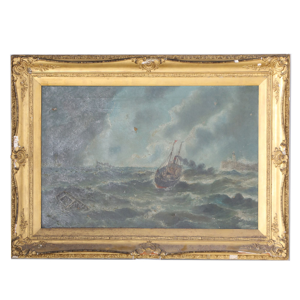 Oil on Canvas Painting of Boat in Storm
