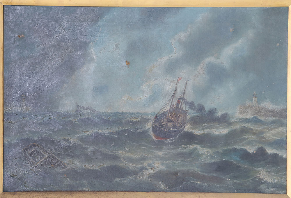 Oil on Canvas Painting of Boat in Storm