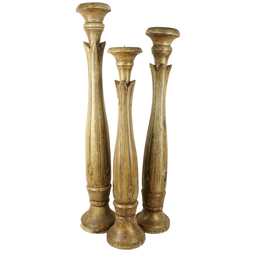 Set of Three Carved Hearthside Candle Holders