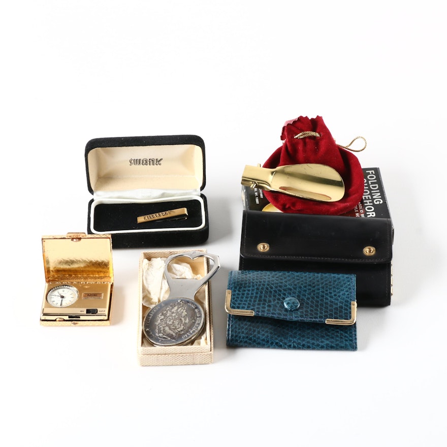 Group of Men's Gifts Including Tie Clip, Key Wallet and Coin Medallion Bottle Opener