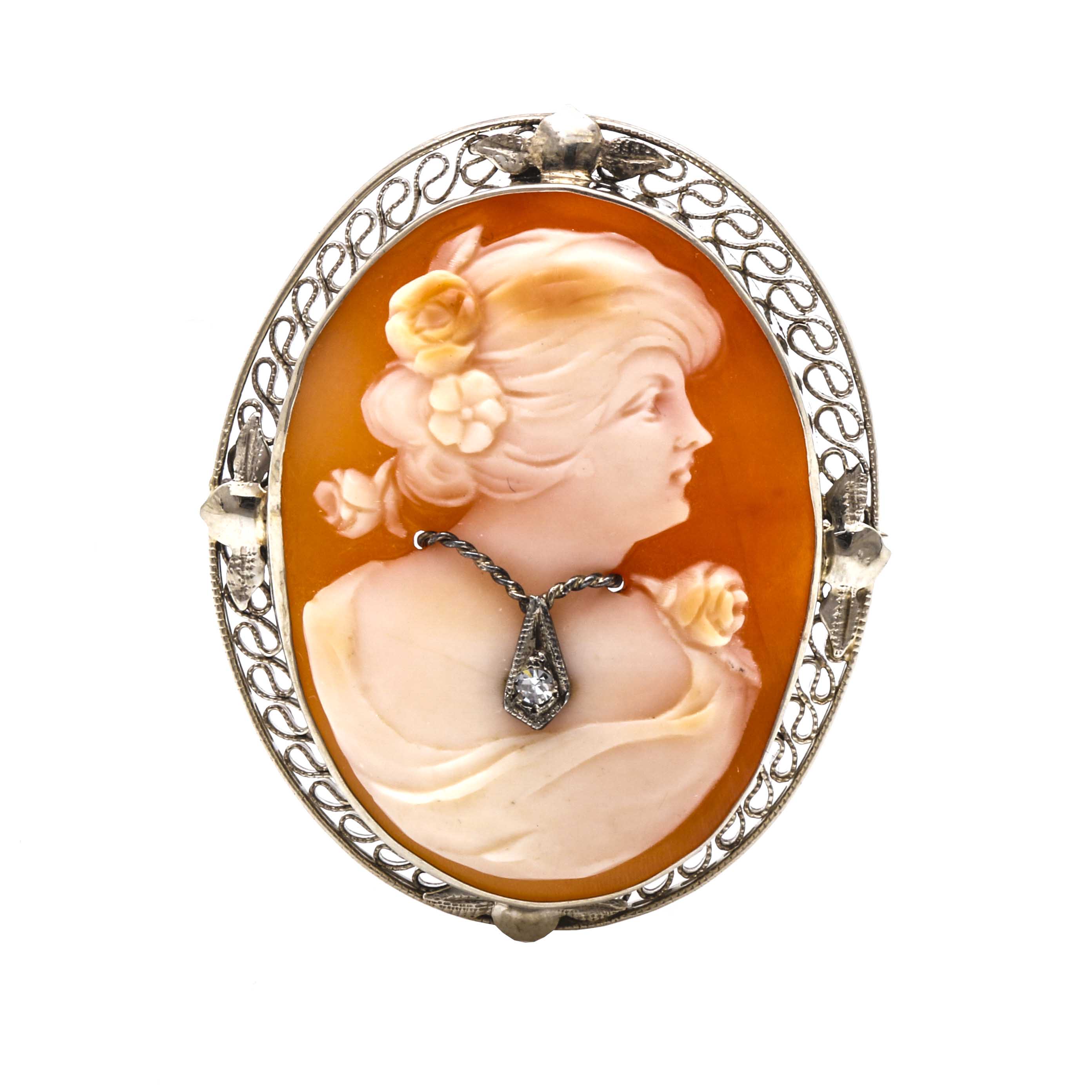14K Yellow Gold Diamond En Habillé Cameo Brooch