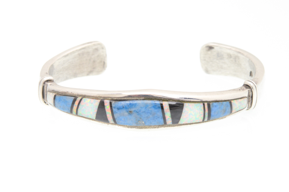 Sterling Silver Synthetic Opal and Turquoise Cuff Bracelet