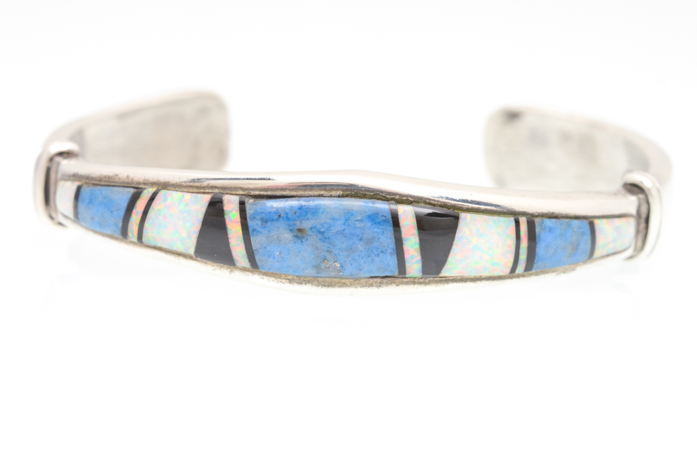 Sterling Silver Synthetic Opal and Turquoise Cuff Bracelet