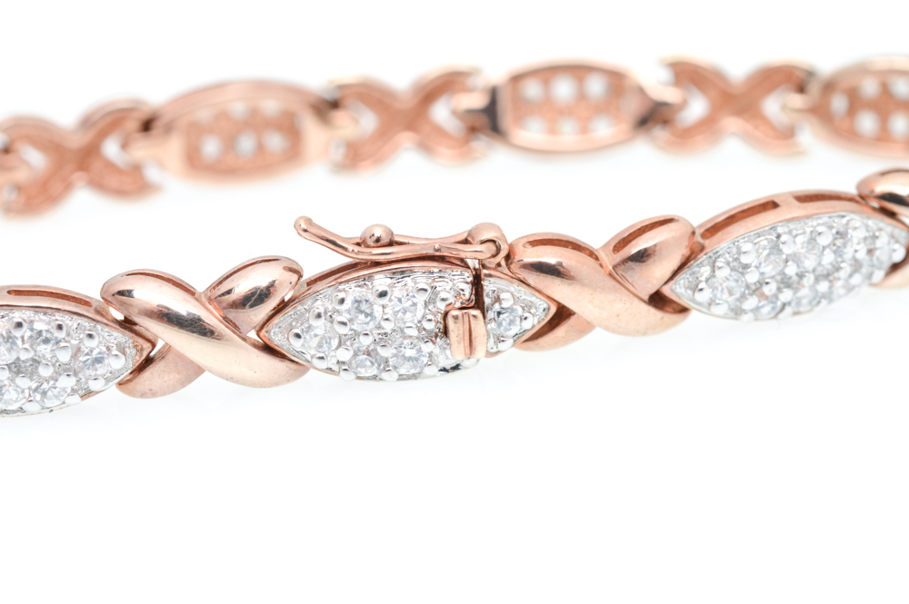 Plated Sterling Silver Cubic Zirconia Link Bracelet