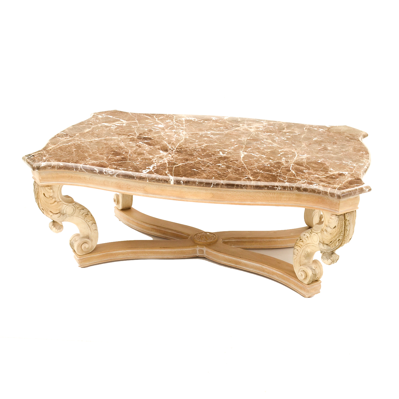 Large Carved and Pickled Oak Coffee Table with Marble Top