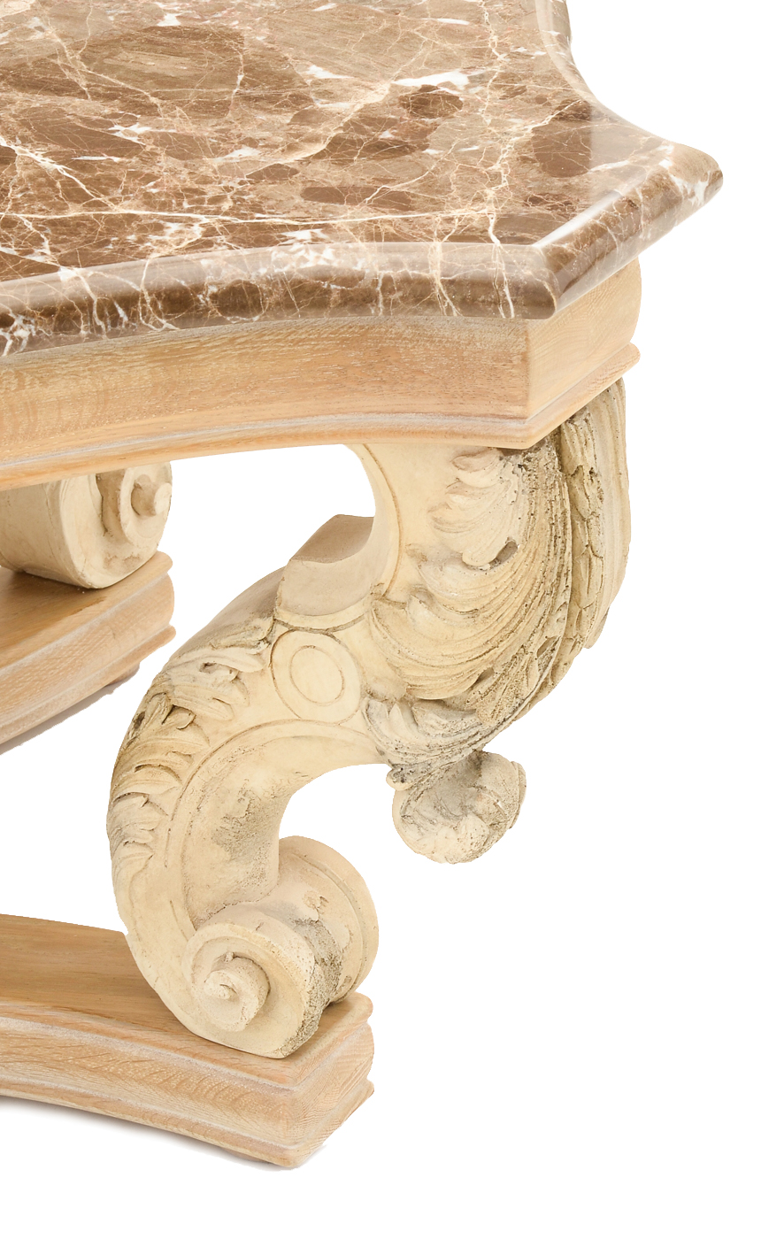 Large Carved and Pickled Oak Coffee Table with Marble Top