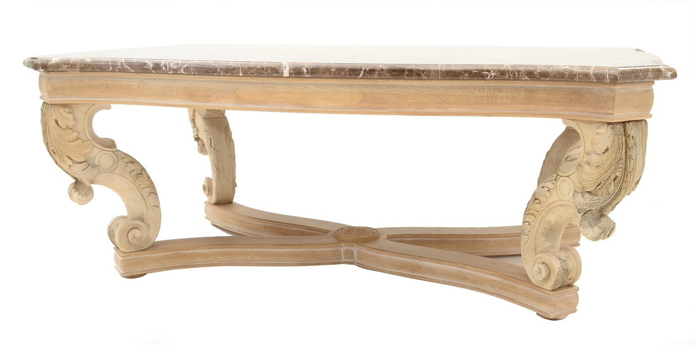 Large Carved and Pickled Oak Coffee Table with Marble Top