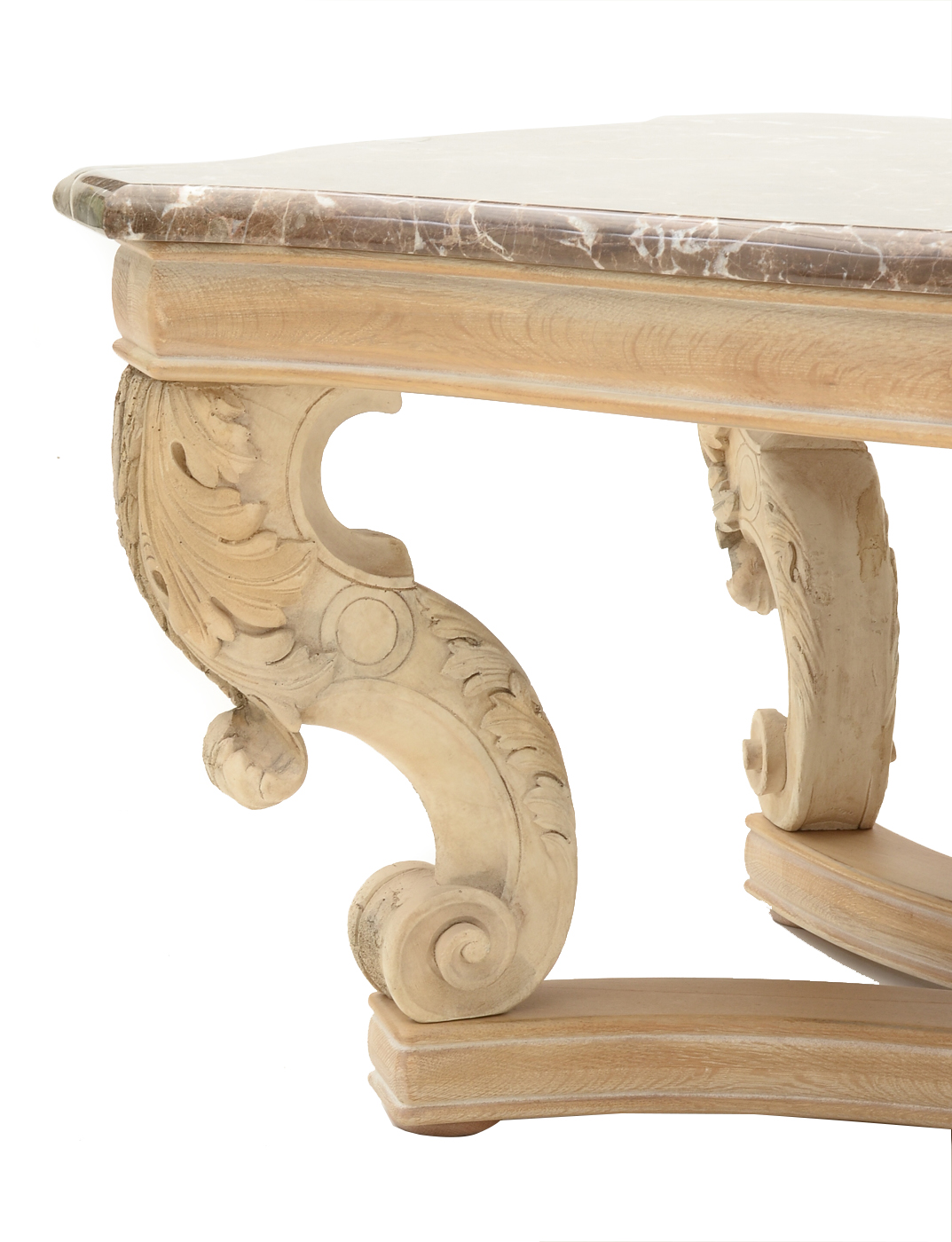 Large Carved and Pickled Oak Coffee Table with Marble Top