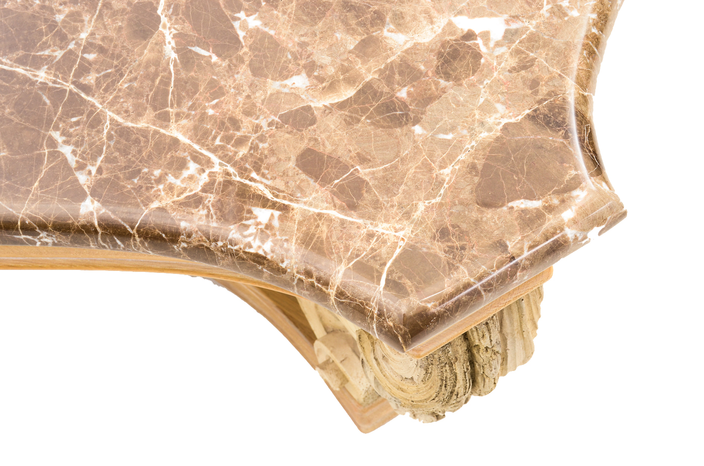 Large Carved and Pickled Oak Coffee Table with Marble Top