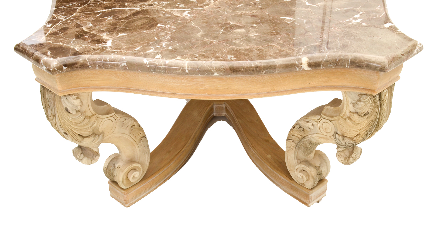 Large Carved and Pickled Oak Coffee Table with Marble Top