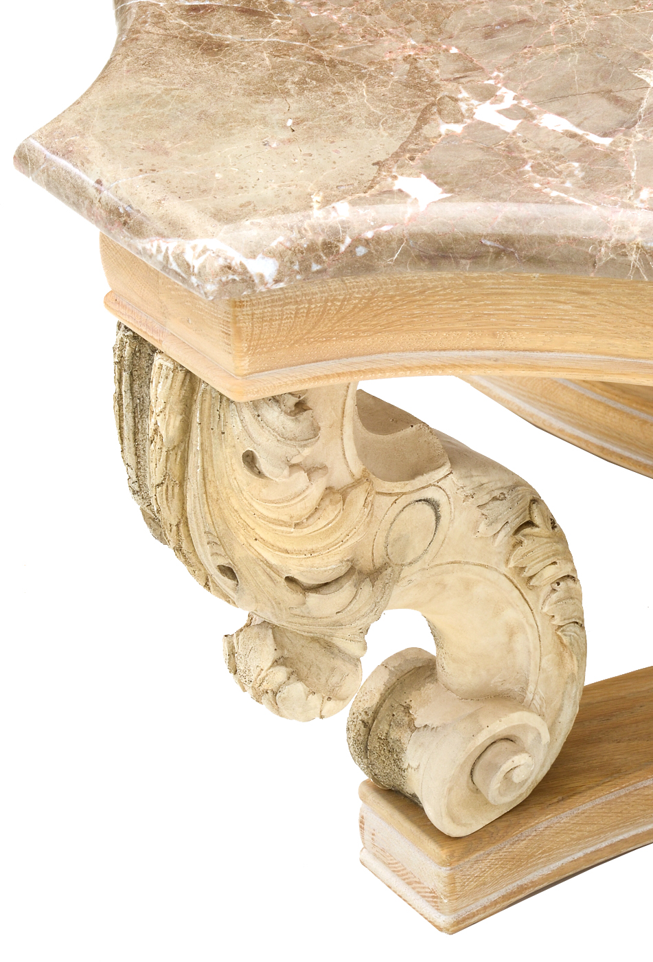 Large Carved and Pickled Oak Coffee Table with Marble Top
