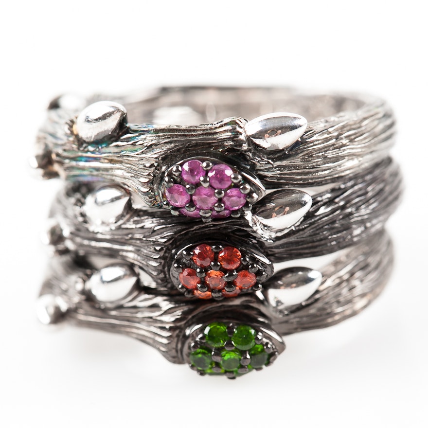 Set of Dweck Diamonds Sterling Silver, Diamond, and Synthetic Stone Stackable Branch Rings