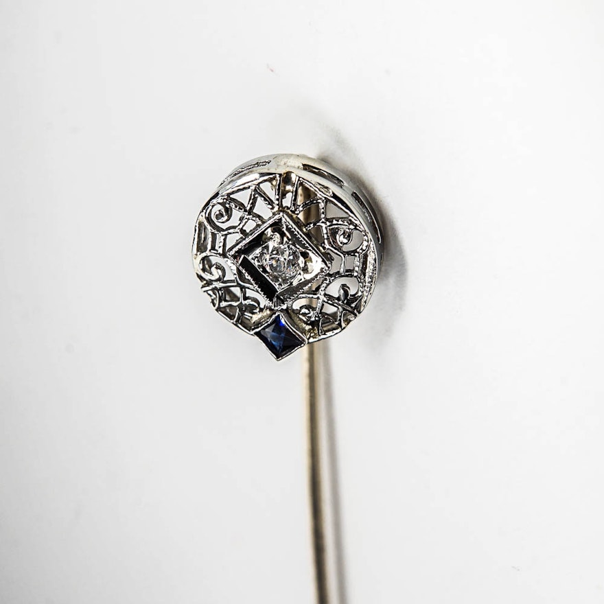 Late Edwardian 18K White Gold Diamond and Sapphire Stick Pin