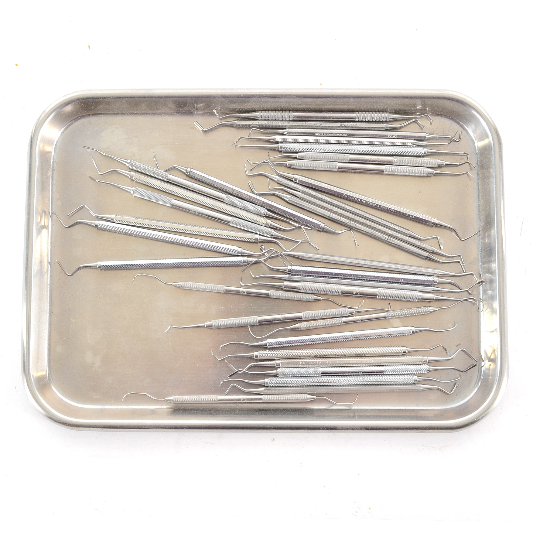Stainless Steel Surgical Tray with Thirty-Two Dental Picks