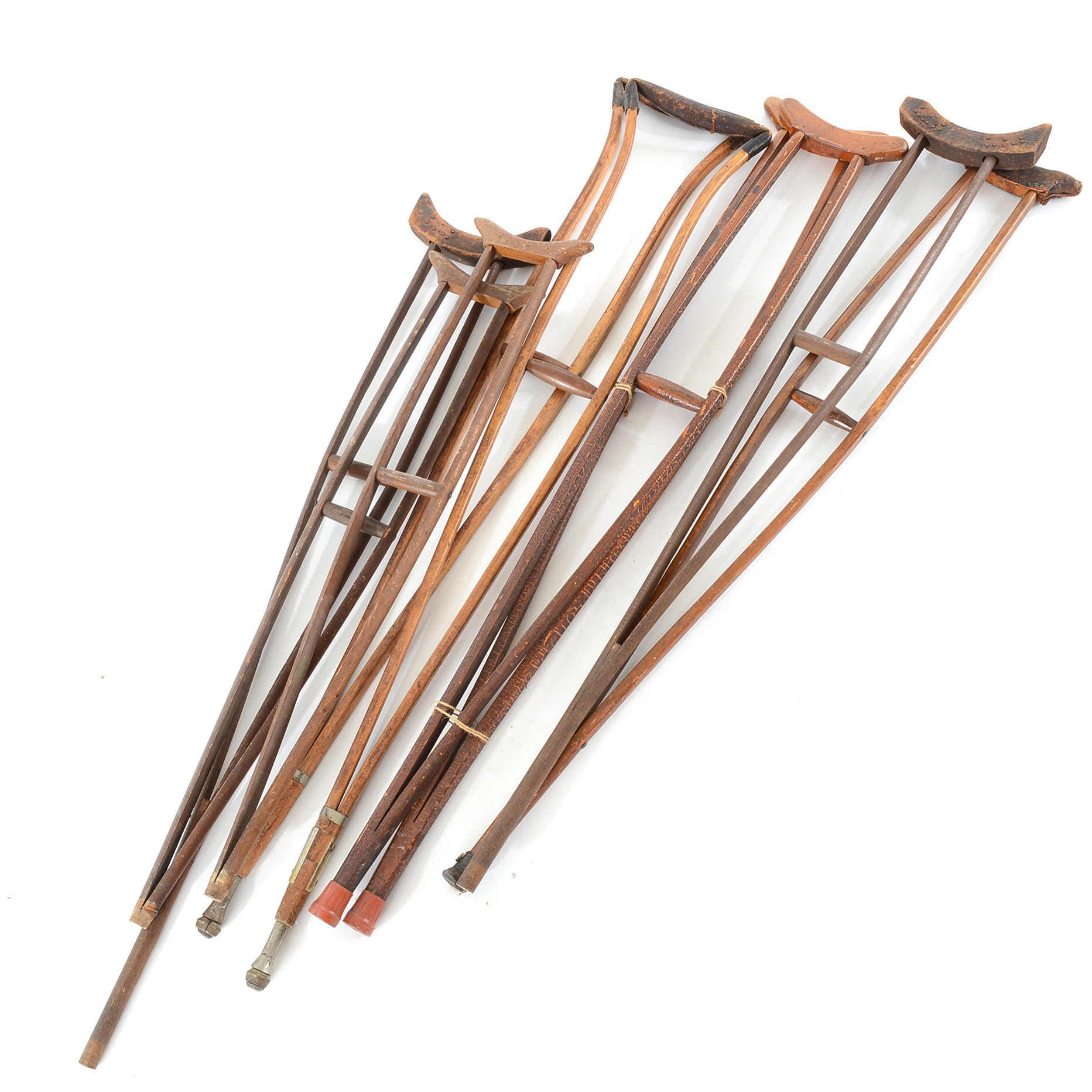 Collection of Vintage Wooden and Leather Crutches