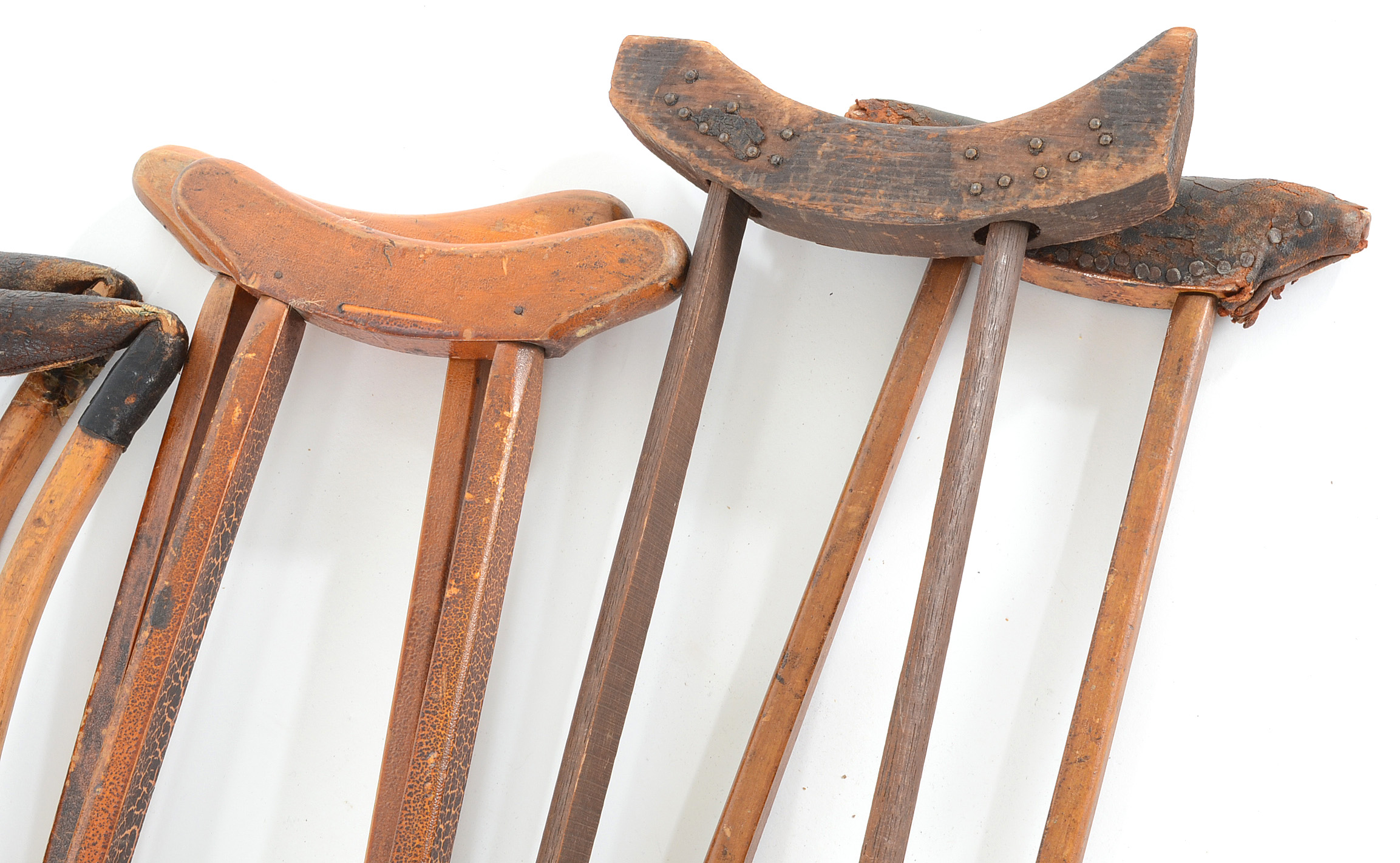 Collection of Vintage Wooden and Leather Crutches