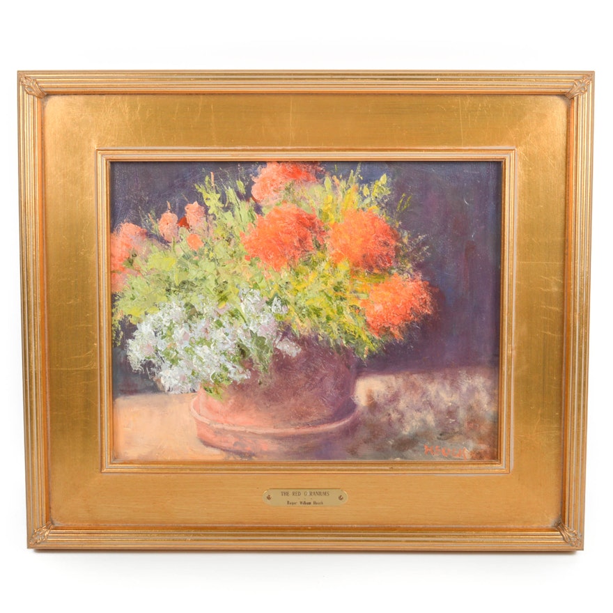 Roger William Heuck Oil Painting on Board "The Red Geraniums"