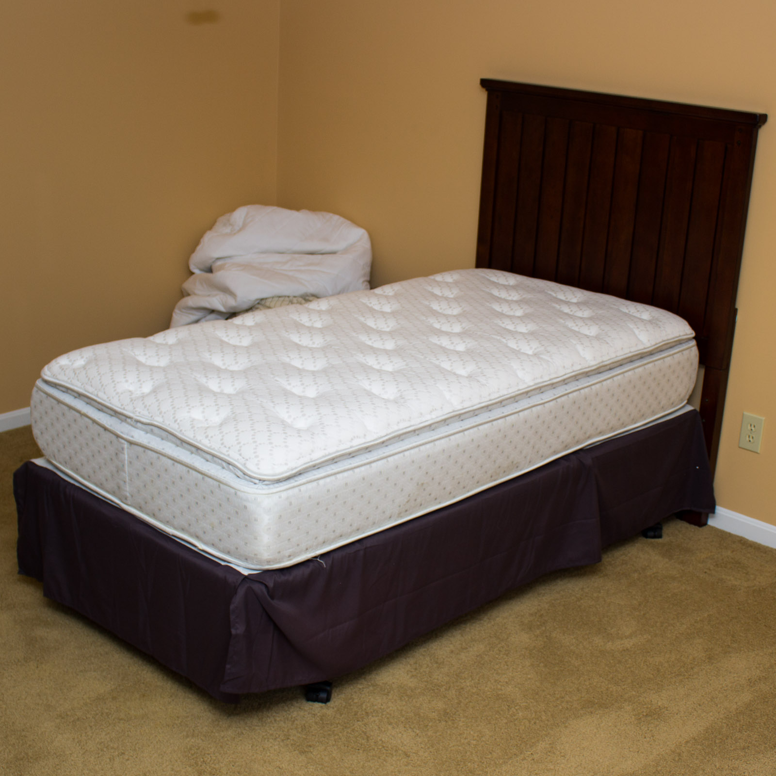 Dark Walnut Twin Bed Headboard With Metal Frame and Mattress