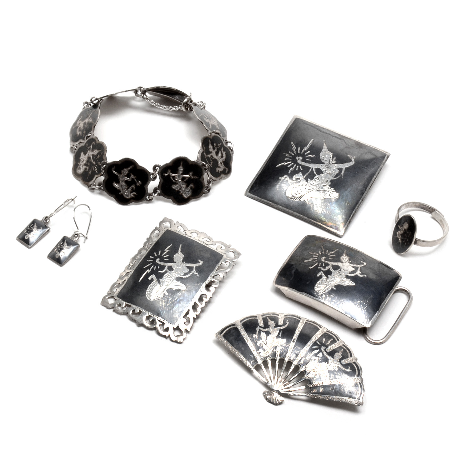 Siam Thai Sterling Silver Nielloware Jewelry Collection