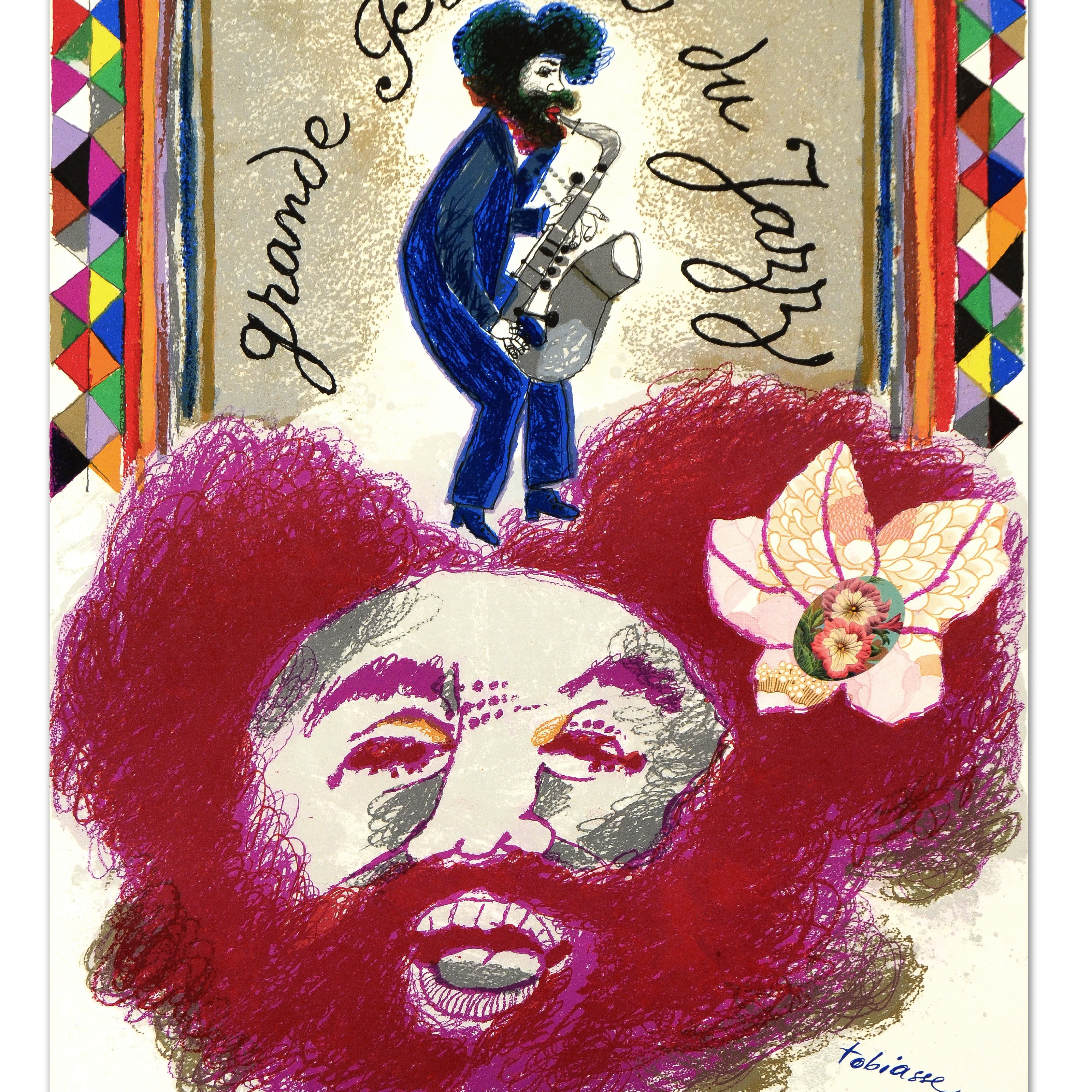 Theo Tobiasse Lithographic Poster with Collage on Paper "Grande Parade Du Jazz"