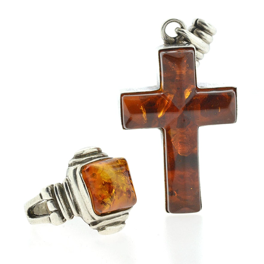 Amber and Sterling Silver Ring and Cross Pendant
