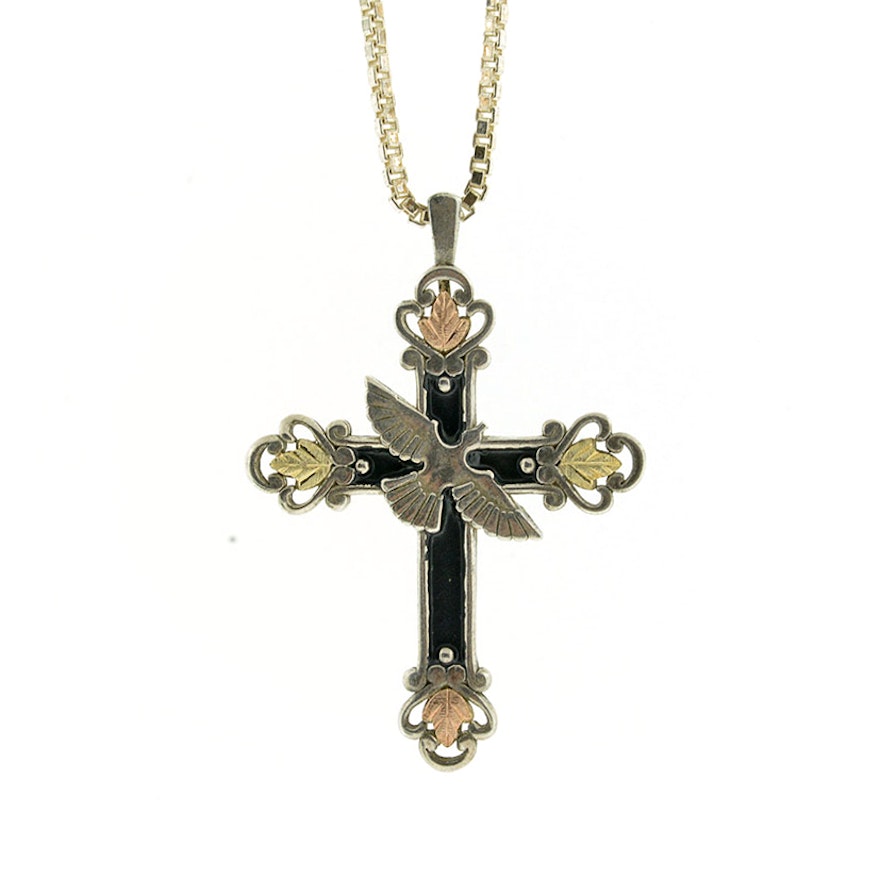Sterling Silver and 12K Gold Dove and Cross Pendant with Chain