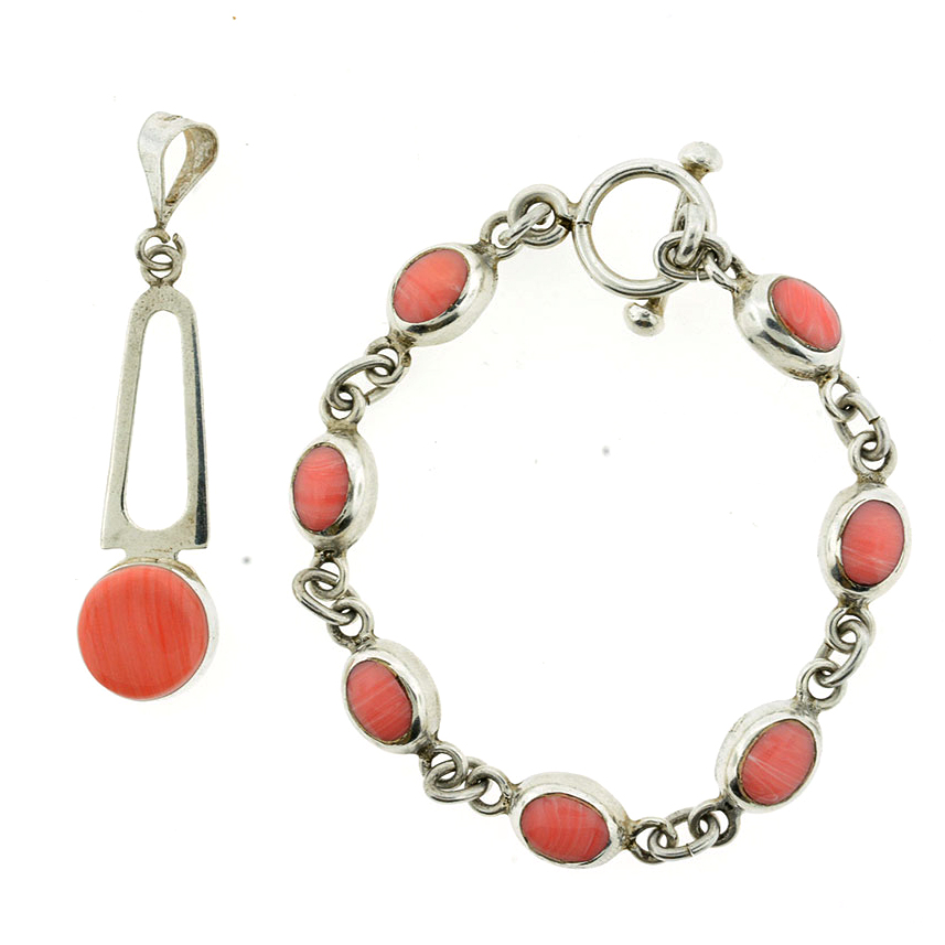 Sterling Silver and Pink Coral Bracelet and Pendant Set