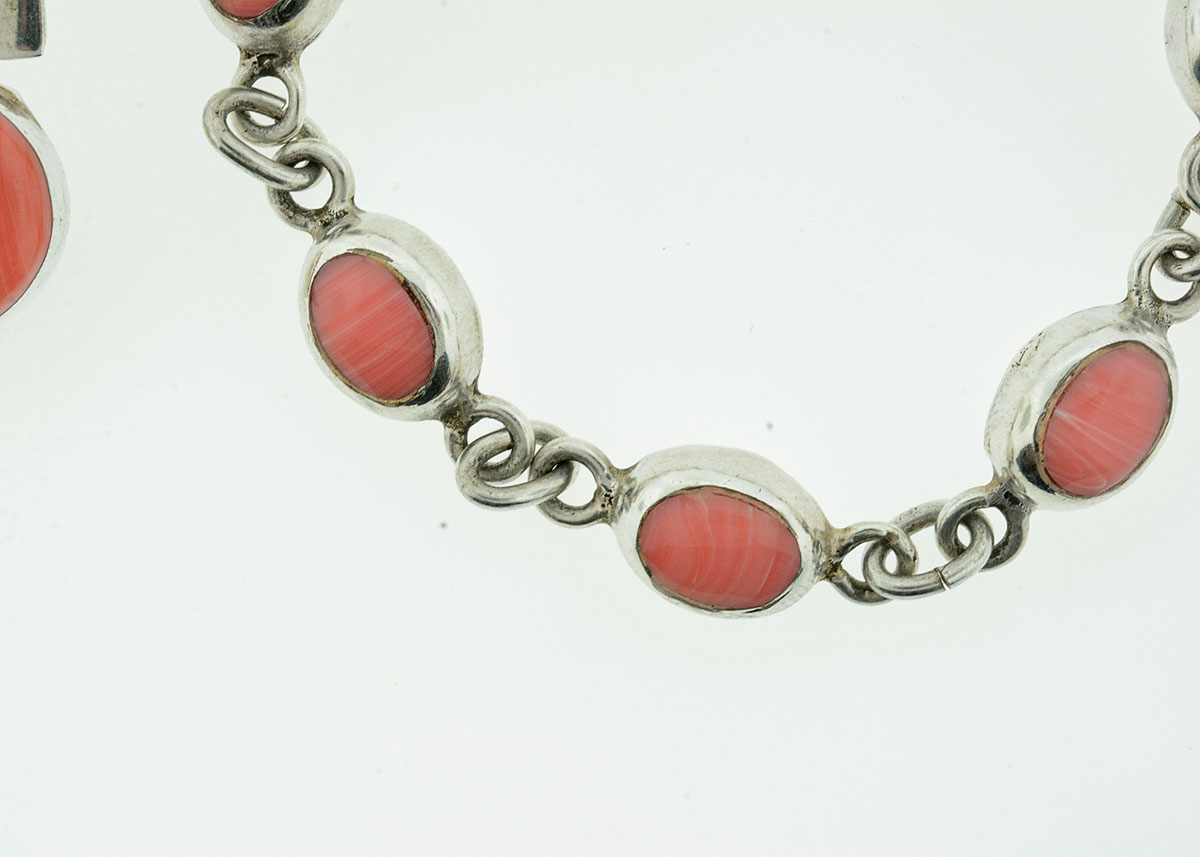 Sterling Silver and Pink Coral Bracelet and Pendant Set
