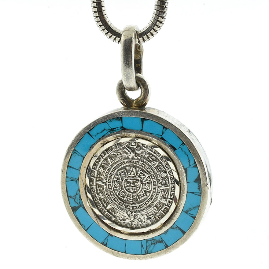 Heavy Sterling Silver and Imitation Turquoise Mayan Calendar Pendant with Chain