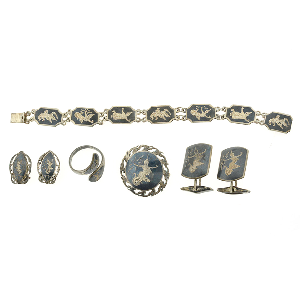 Thai Nielloware Sterling Silver Jewelry Set