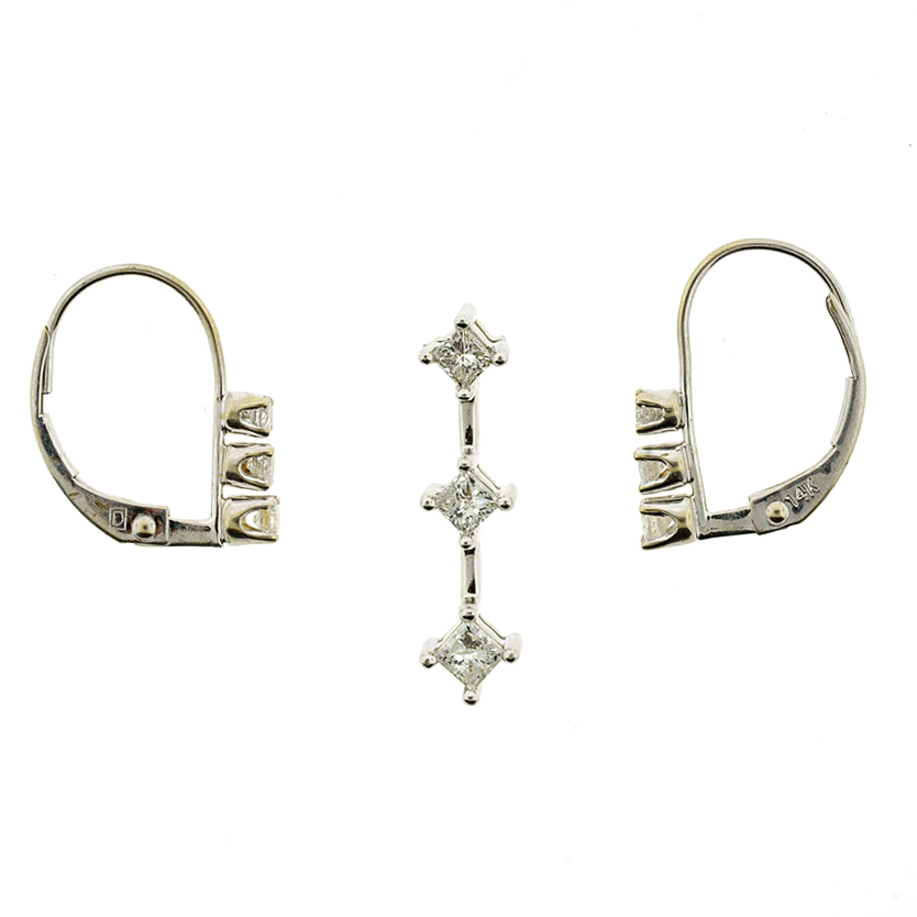 White Gold Three Diamond Pendant and Earrings