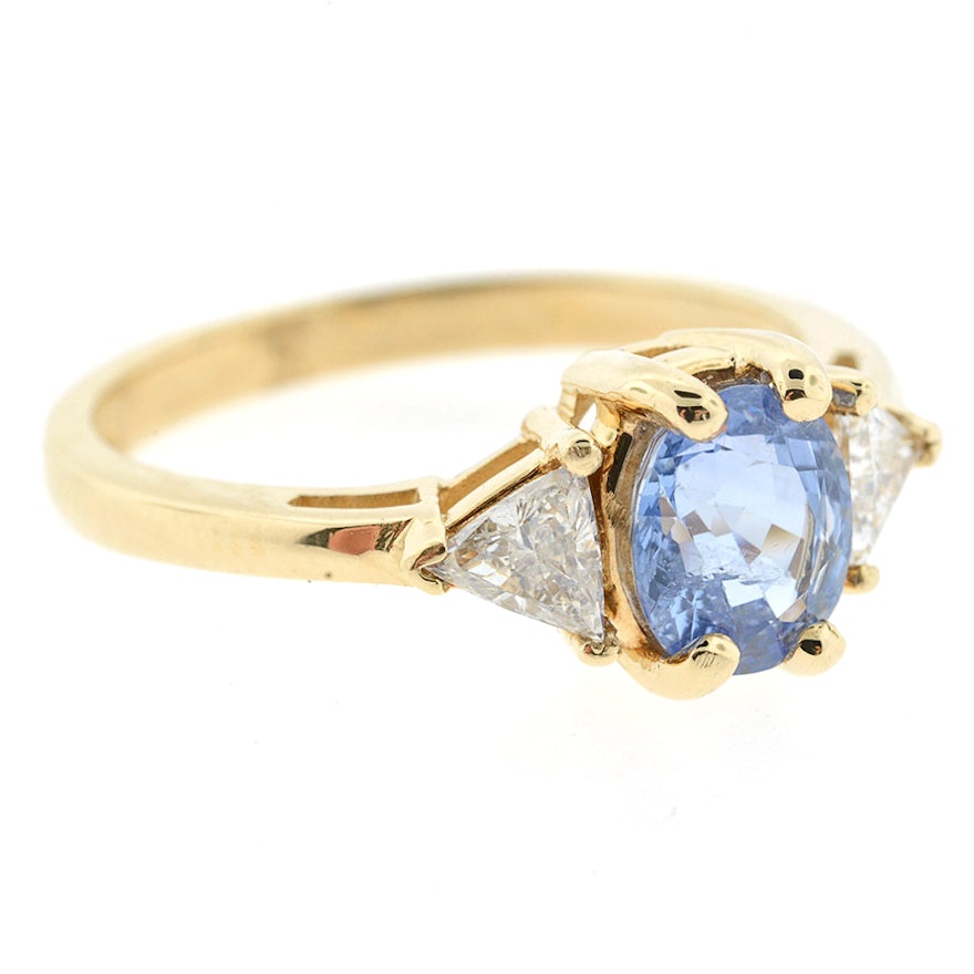 14K Gold 1.00 CTS Blue Sapphire and Two Trillion Diamond Ring