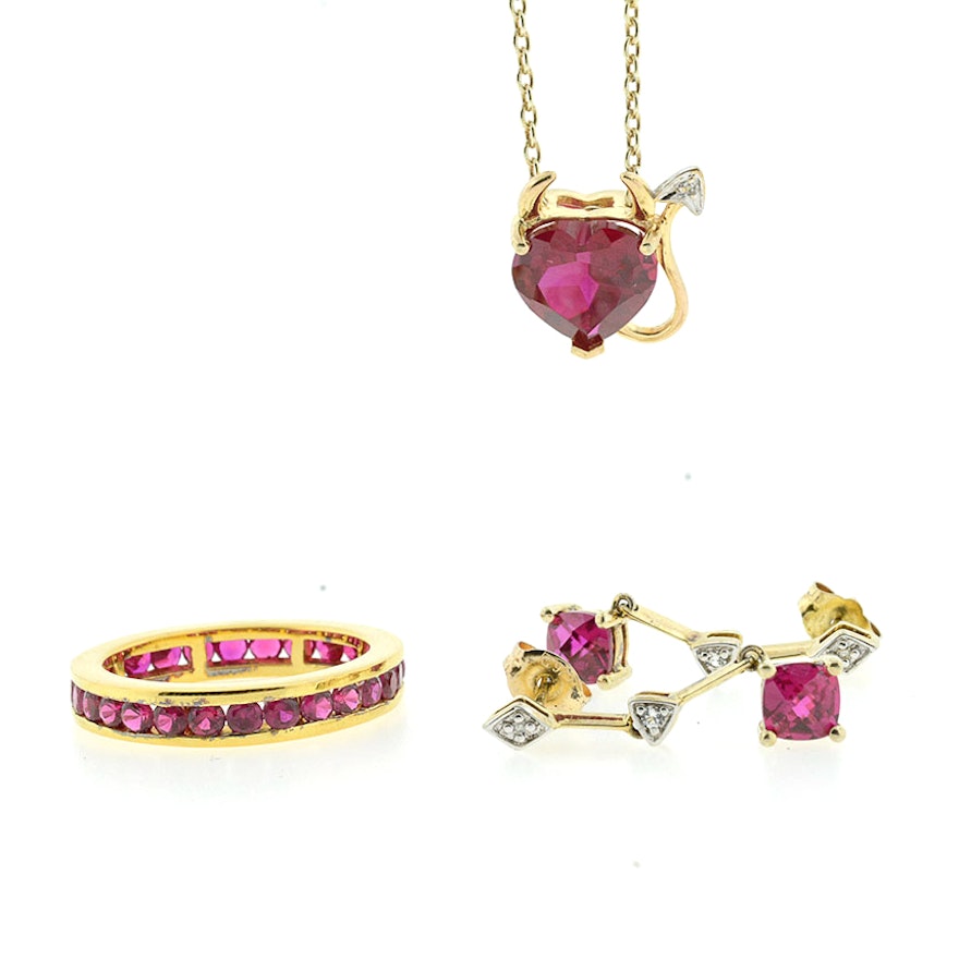 Vermeil Synthetic Ruby and Diamond Chip Earrings, Pendant with Chain, and Band