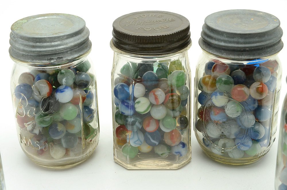 Seven Vintage Jars of Marbles in Crate.