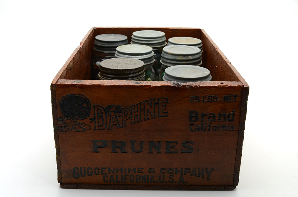 Seven Vintage Jars of Marbles in Crate.