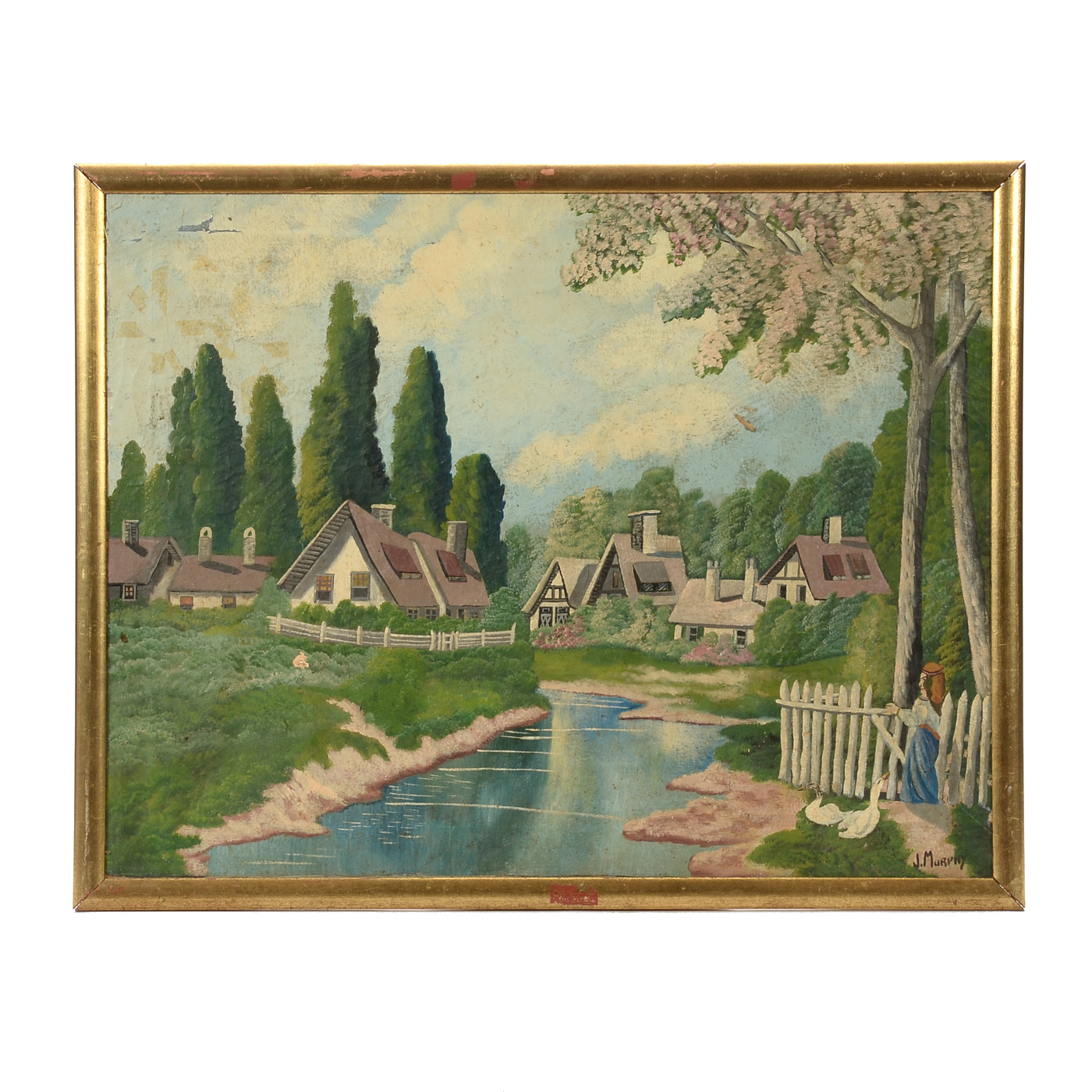 J. Murphy Vintage Original Naive Oil Townscape on Canvas