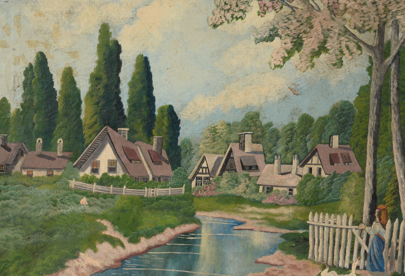 J. Murphy Vintage Original Naive Oil Townscape on Canvas