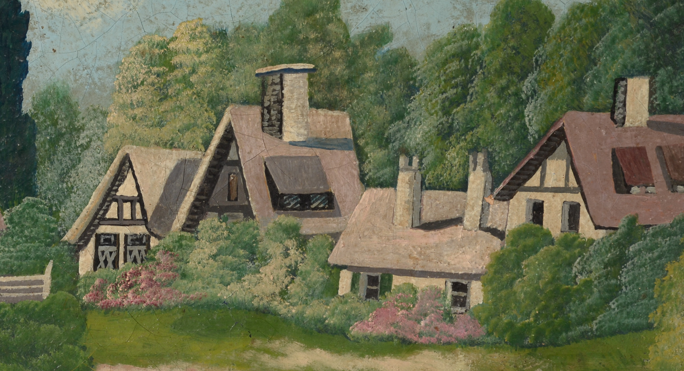 J. Murphy Vintage Original Naive Oil Townscape on Canvas