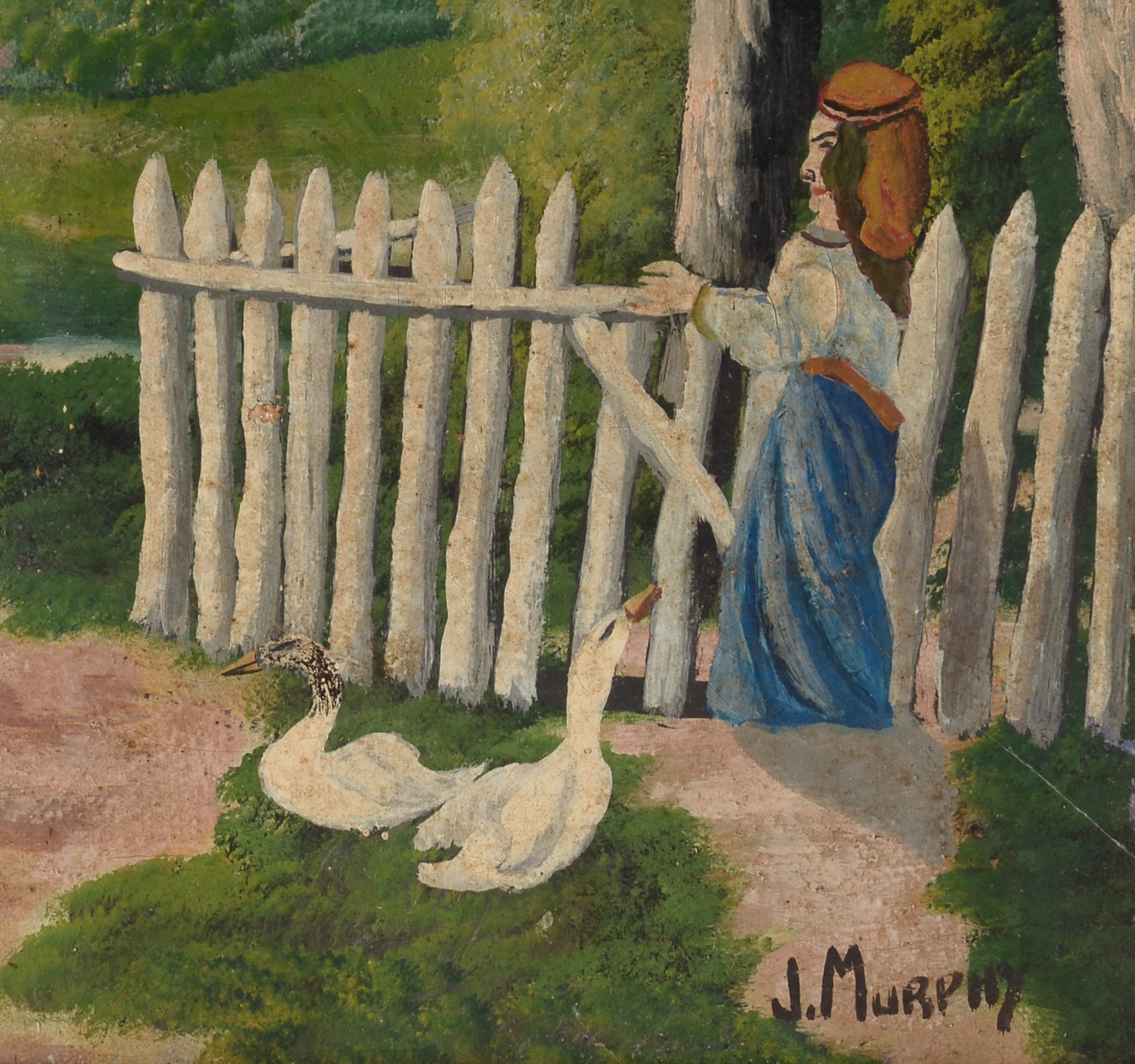 J. Murphy Vintage Original Naive Oil Townscape on Canvas