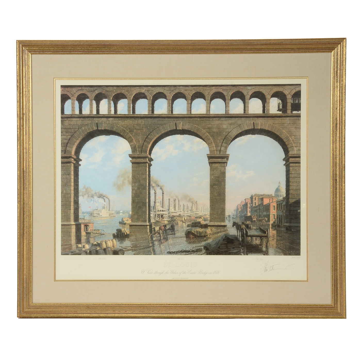 John Stobart Signed Limited Edition Offset Lithograph "St. Louis, A View through the Arches of the Eads Bridge in 1876"