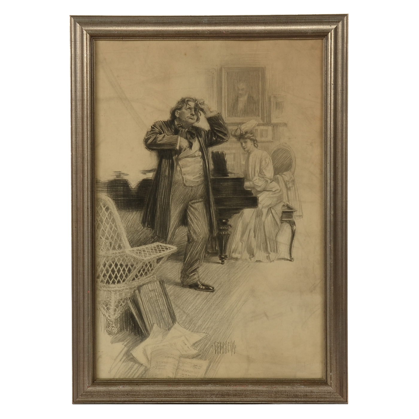 George Brehm Antique Graphite Illustration of an Interior Scene