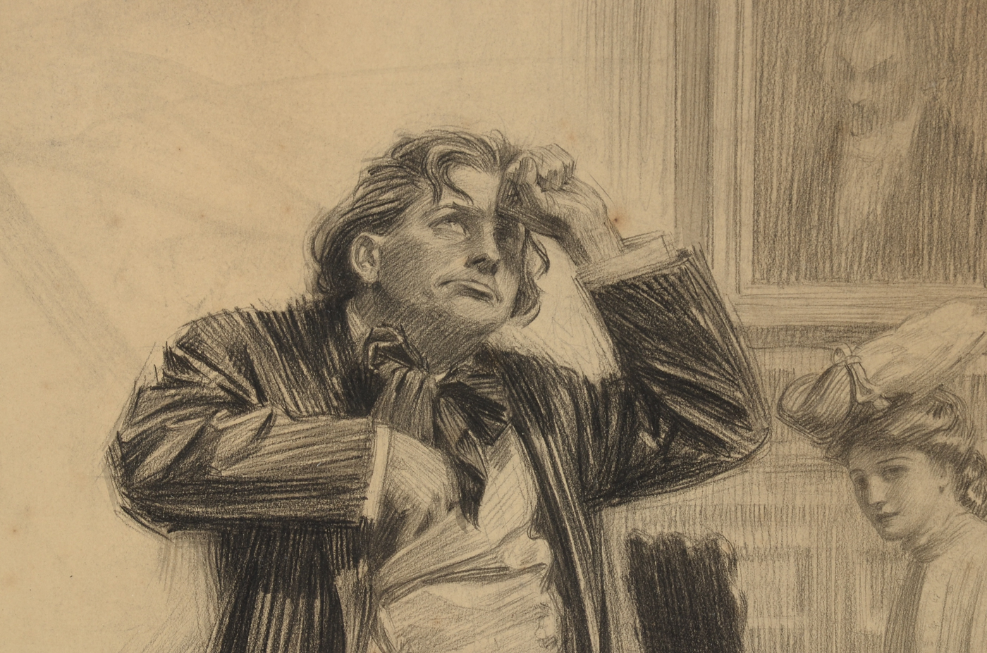 George Brehm Antique Graphite Illustration of an Interior Scene