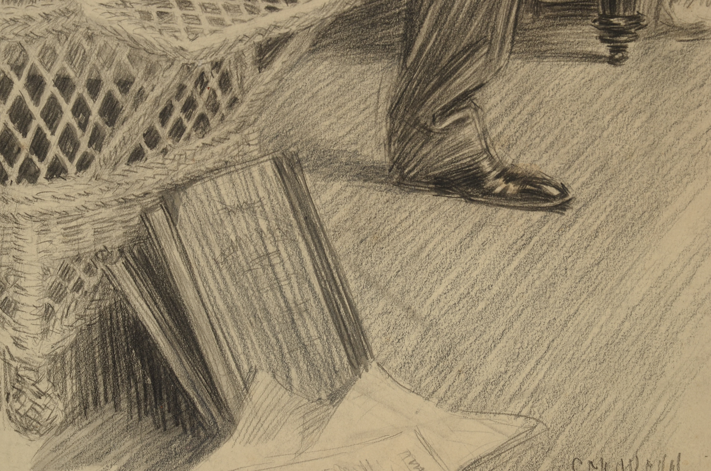 George Brehm Antique Graphite Illustration of an Interior Scene