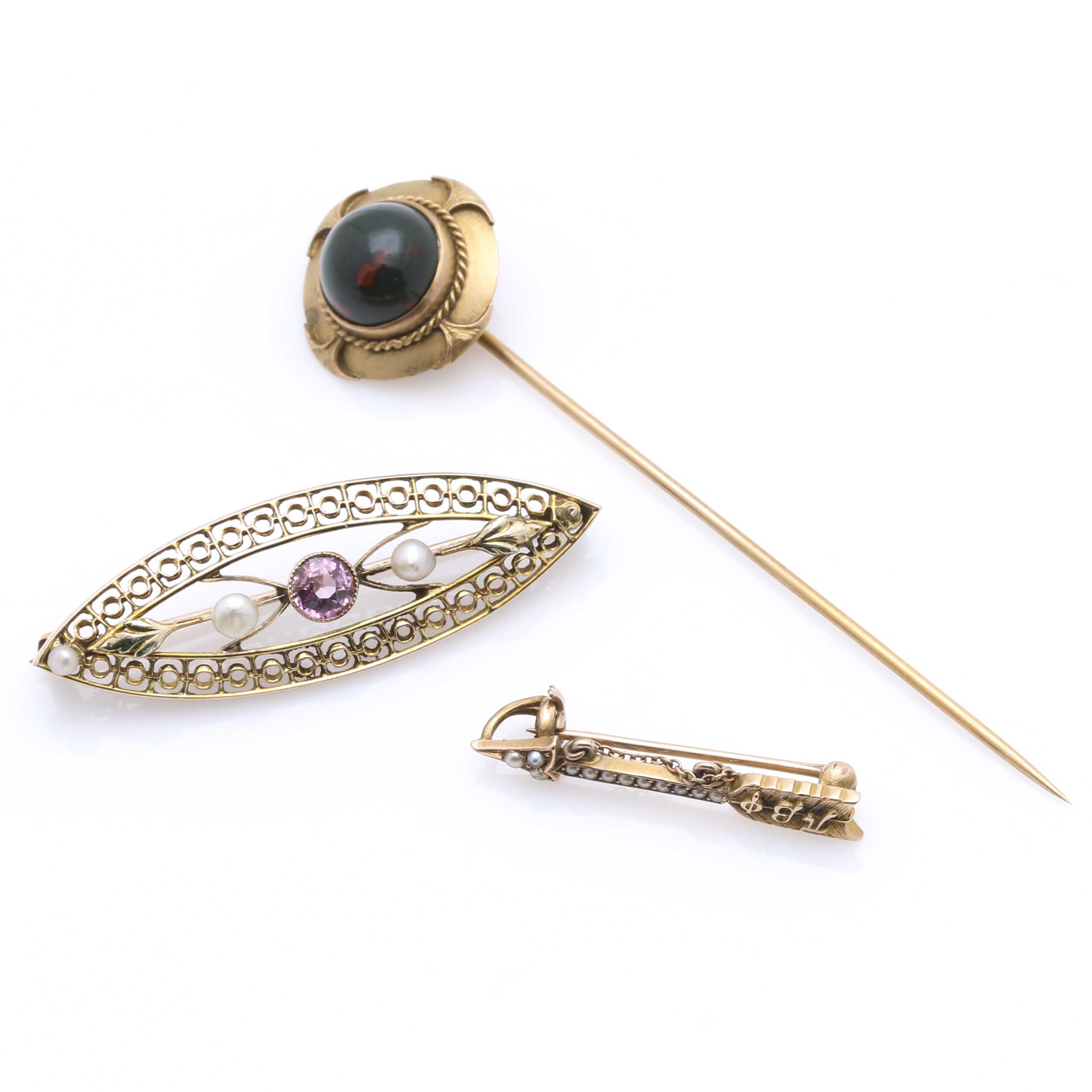 10K Yellow Gold Antique and Vintage Pins With Gemstones