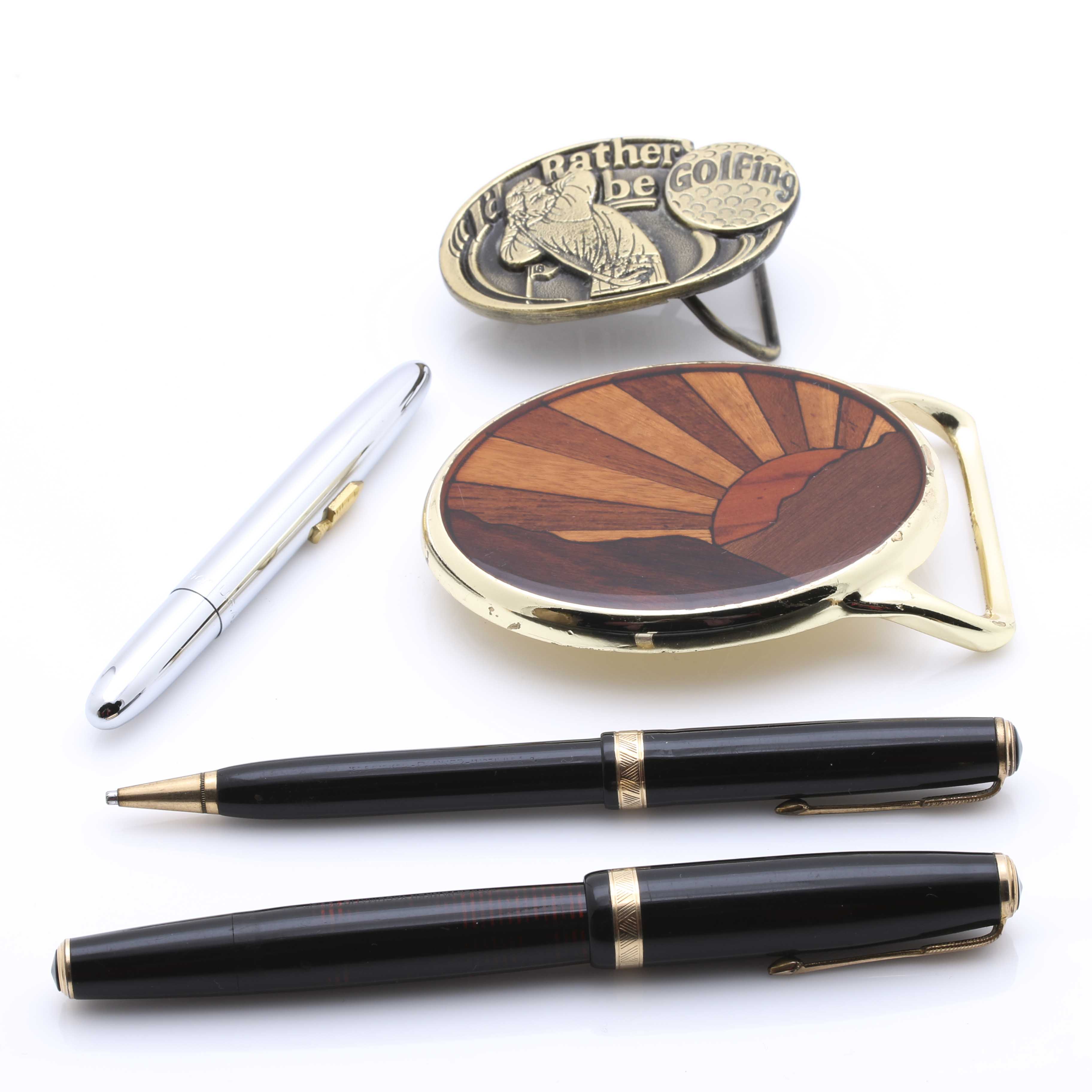 Vintage Belt Buckles and Pens Including Parker