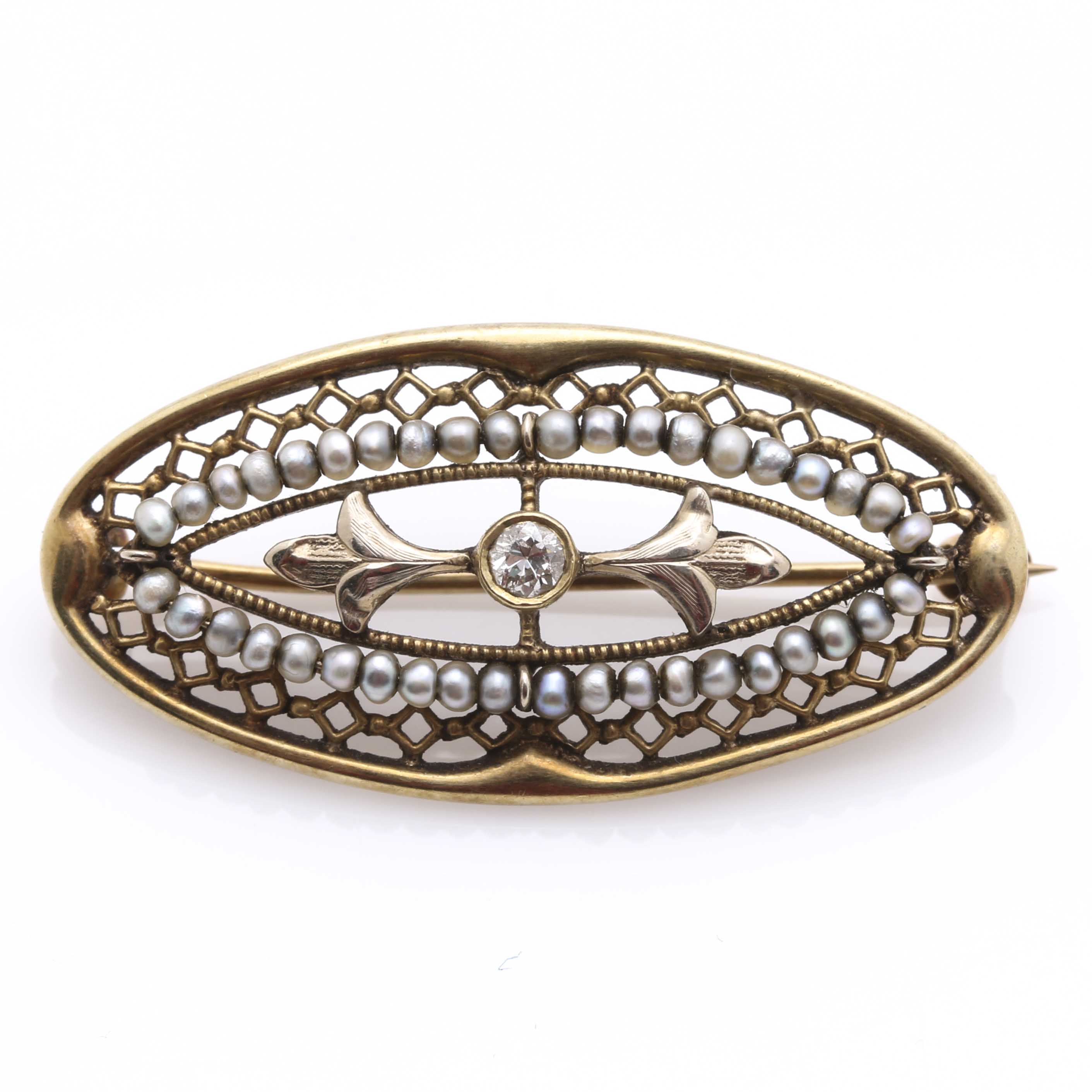 Antique 14K Yellow Gold Diamond and Pearl Pin